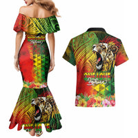Hawaiian Reggae Couples Matching Mermaid Dress and Hawaiian Shirt Jawaiian One Love-Tribal Tatoos and Rastafari Lion - Polynesian Pride