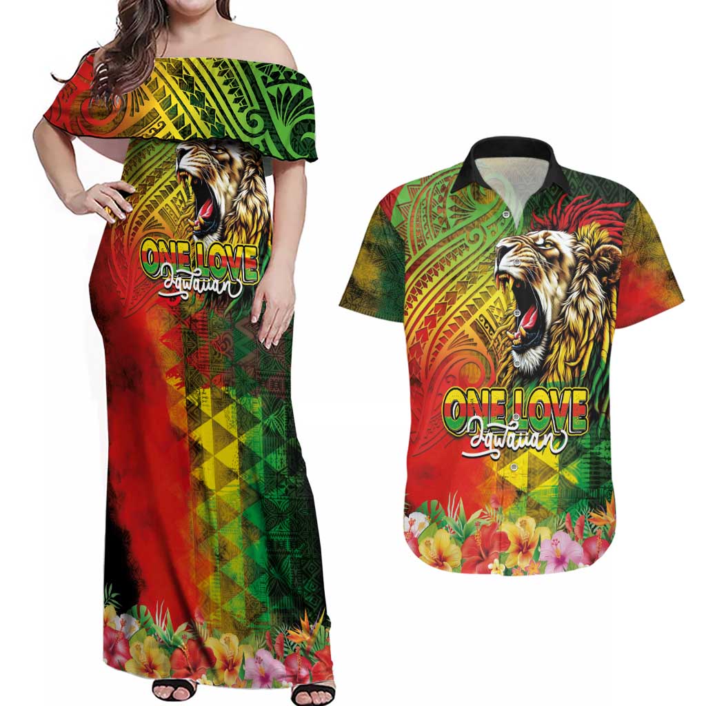 Hawaiian Reggae Couples Matching Off Shoulder Maxi Dress and Hawaiian Shirt Jawaiian One Love-Tribal Tatoos and Rastafari Lion - Polynesian Pride