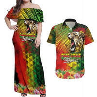 Hawaiian Reggae Couples Matching Off Shoulder Maxi Dress and Hawaiian Shirt Jawaiian One Love-Tribal Tatoos and Rastafari Lion - Polynesian Pride