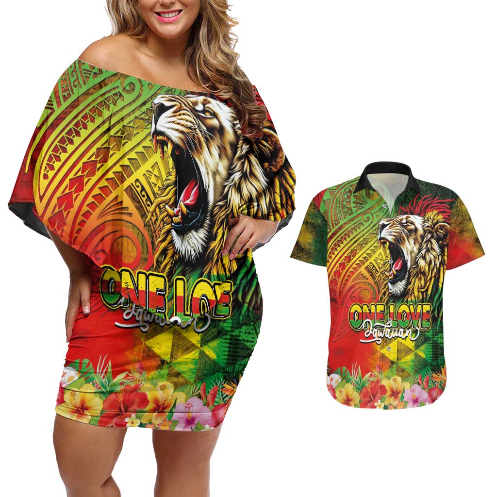 Hawaiian Reggae Couples Matching Off Shoulder Short Dress and Hawaiian Shirt Jawaiian One Love-Tribal Tatoos and Rastafari Lion - Polynesian Pride