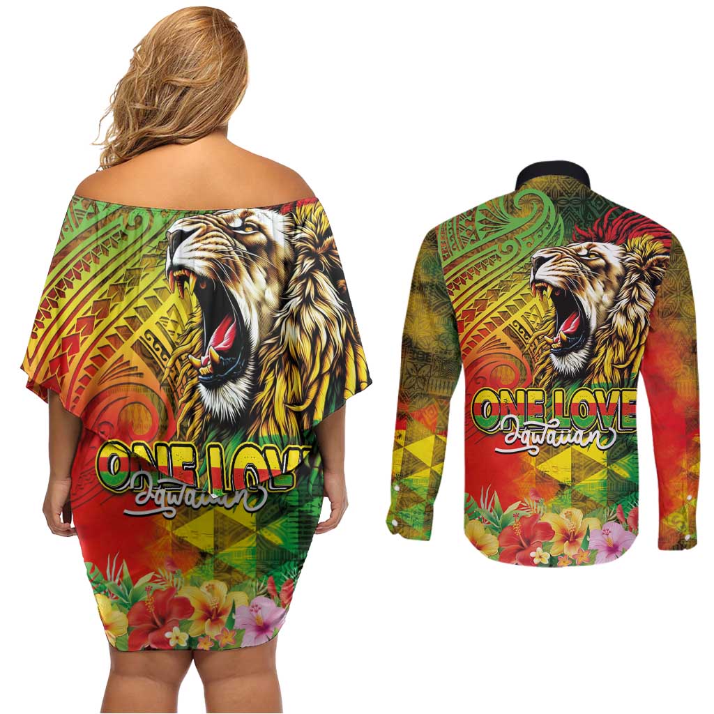 Hawaiian Reggae Couples Matching Off Shoulder Short Dress and Long Sleeve Button Shirt Jawaiian One Love-Tribal Tatoos and Rastafari Lion LT03 - Polynesian Pride