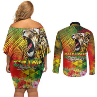 Hawaiian Reggae Couples Matching Off Shoulder Short Dress and Long Sleeve Button Shirt Jawaiian One Love-Tribal Tatoos and Rastafari Lion LT03 - Polynesian Pride