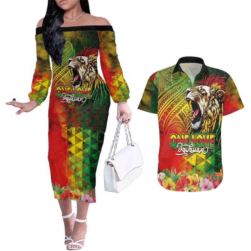 Hawaiian Reggae Couples Matching Off The Shoulder Long Sleeve Dress and Hawaiian Shirt Jawaiian One Love-Tribal Tatoos and Rastafari Lion - Polynesian Pride