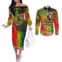 Hawaiian Reggae Couples Matching Off The Shoulder Long Sleeve Dress and Long Sleeve Button Shirt Jawaiian One Love-Tribal Tatoos and Rastafari Lion - Polynesian Pride