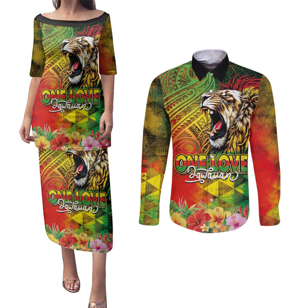 Hawaiian Reggae Couples Matching Puletasi and Long Sleeve Button Shirt Jawaiian One Love-Tribal Tatoos and Rastafari Lion - Polynesian Pride