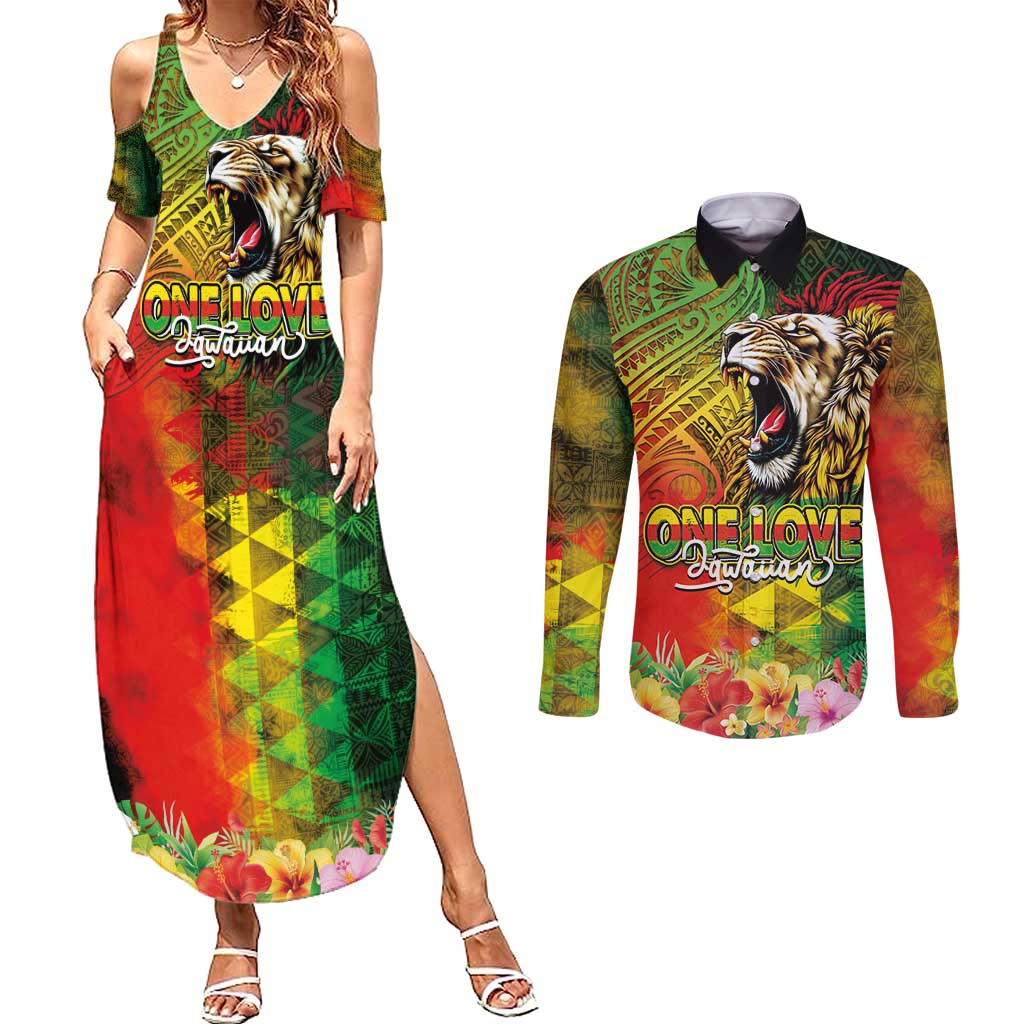 Hawaiian Reggae Couples Matching Summer Maxi Dress and Long Sleeve Button Shirt Jawaiian One Love-Tribal Tatoos and Rastafari Lion - Polynesian Pride