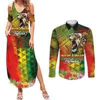 Hawaiian Reggae Couples Matching Summer Maxi Dress and Long Sleeve Button Shirt Jawaiian One Love-Tribal Tatoos and Rastafari Lion LT03 Multicolor - Polynesian Pride