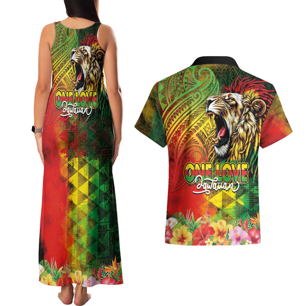 Hawaiian Reggae Couples Matching Tank Maxi Dress and Hawaiian Shirt Jawaiian One Love-Tribal Tatoos and Rastafari Lion - Polynesian Pride