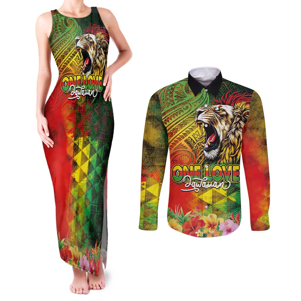 Hawaiian Reggae Couples Matching Tank Maxi Dress and Long Sleeve Button Shirt Jawaiian One Love-Tribal Tatoos and Rastafari Lion - Polynesian Pride