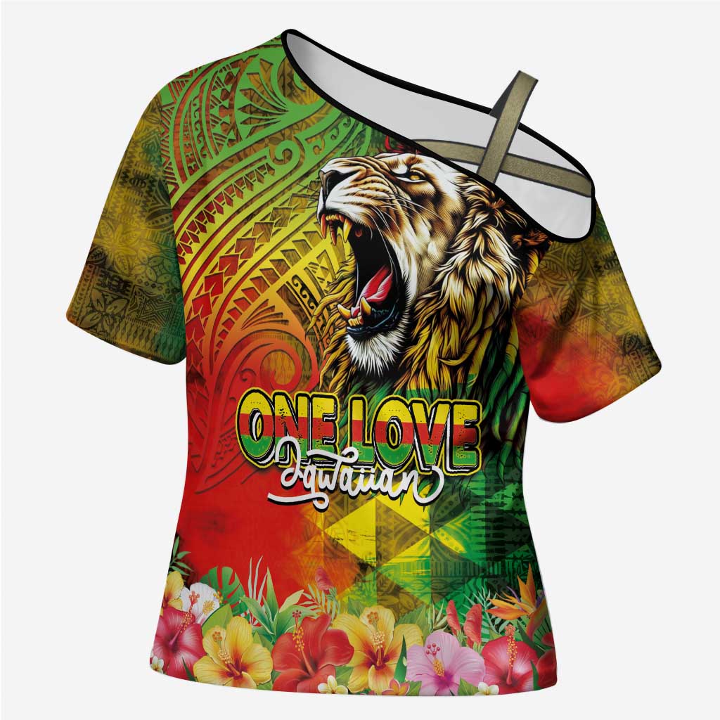 Hawaiian Reggae Cross Shoulder Shirt Jawaiian One Love-Tribal Tatoos and Rastafari Lion - Polynesian Pride