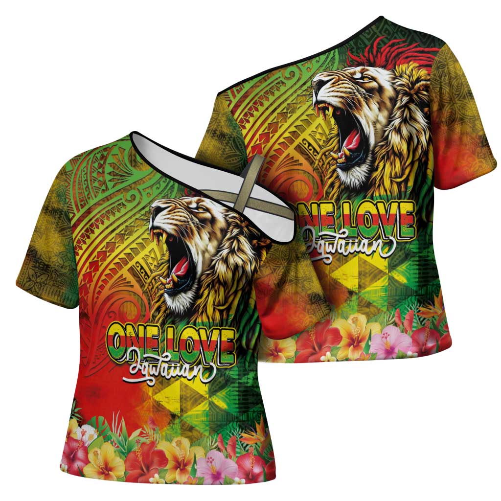 Hawaiian Reggae Cross Shoulder Shirt Jawaiian One Love-Tribal Tatoos and Rastafari Lion - Polynesian Pride