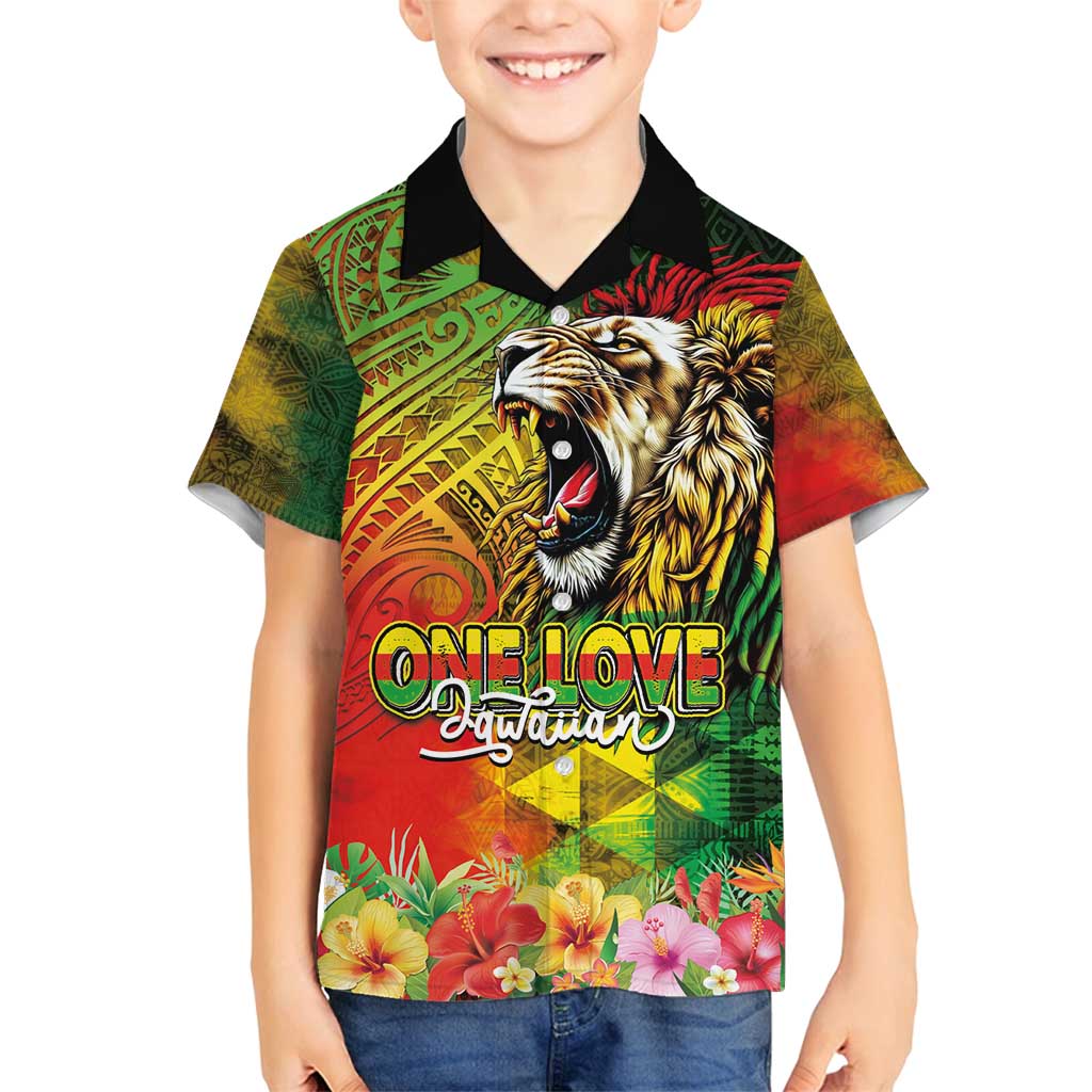 Hawaiian Reggae Family Matching Long Sleeve Bodycon Dress and Hawaiian Shirt Jawaiian One Love-Tribal Tatoos and Rastafari Lion - Polynesian Pride