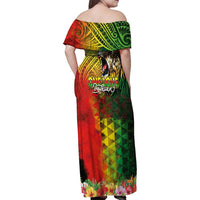 Hawaiian Reggae Family Matching Off Shoulder Maxi Dress and Hawaiian Shirt Jawaiian One Love-Tribal Tatoos and Rastafari Lion - Polynesian Pride