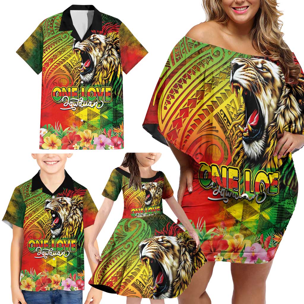 Hawaiian Reggae Family Matching Off Shoulder Short Dress and Hawaiian Shirt Jawaiian One Love-Tribal Tatoos and Rastafari Lion - Polynesian Pride