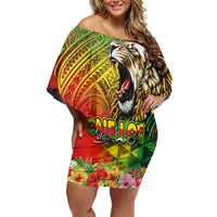 Hawaiian Reggae Family Matching Off Shoulder Short Dress and Hawaiian Shirt Jawaiian One Love-Tribal Tatoos and Rastafari Lion - Polynesian Pride