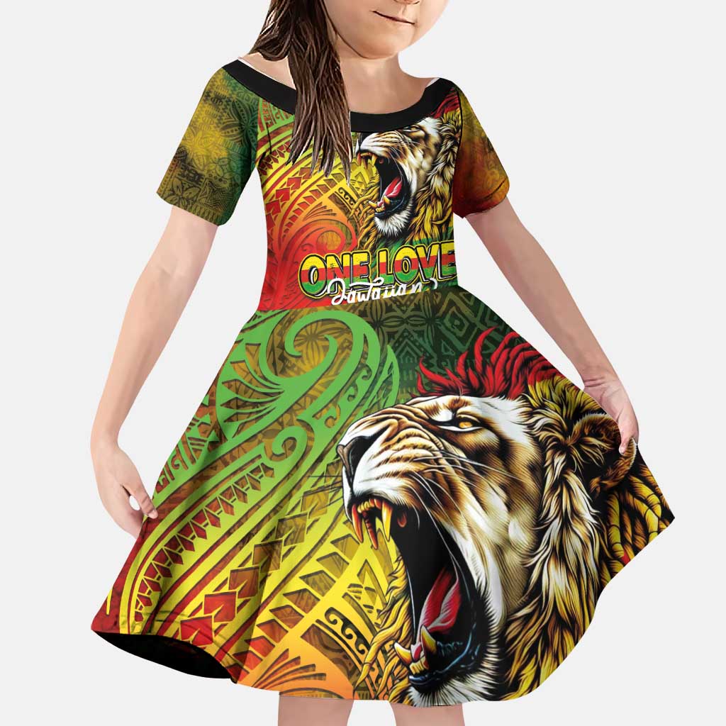 Hawaiian Reggae Family Matching Puletasi and Hawaiian Shirt Jawaiian One Love-Tribal Tatoos and Rastafari Lion LT03 Daughter's Dress Multicolor - Polynesian Pride