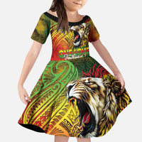 Hawaiian Reggae Family Matching Puletasi and Hawaiian Shirt Jawaiian One Love-Tribal Tatoos and Rastafari Lion LT03 Daughter's Dress Multicolor - Polynesian Pride