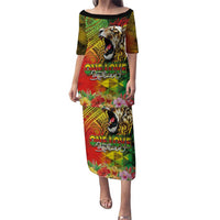 Hawaiian Reggae Family Matching Puletasi and Hawaiian Shirt Jawaiian One Love-Tribal Tatoos and Rastafari Lion LT03 Mom's Dress Multicolor - Polynesian Pride