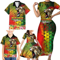 Hawaiian Reggae Family Matching Short Sleeve Bodycon Dress and Hawaiian Shirt Jawaiian One Love-Tribal Tatoos and Rastafari Lion - Polynesian Pride