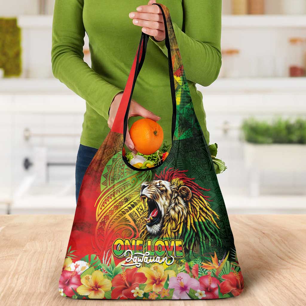Hawaiian Reggae Grocery Bag Jawaiian One Love-Tribal Tatoos and Rastafari Lion - Polynesian Pride
