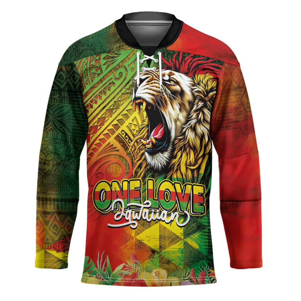 Hawaiian Reggae Hockey Jersey Jawaiian One Love-Tribal Tatoos and Rastafari Lion - Polynesian Pride