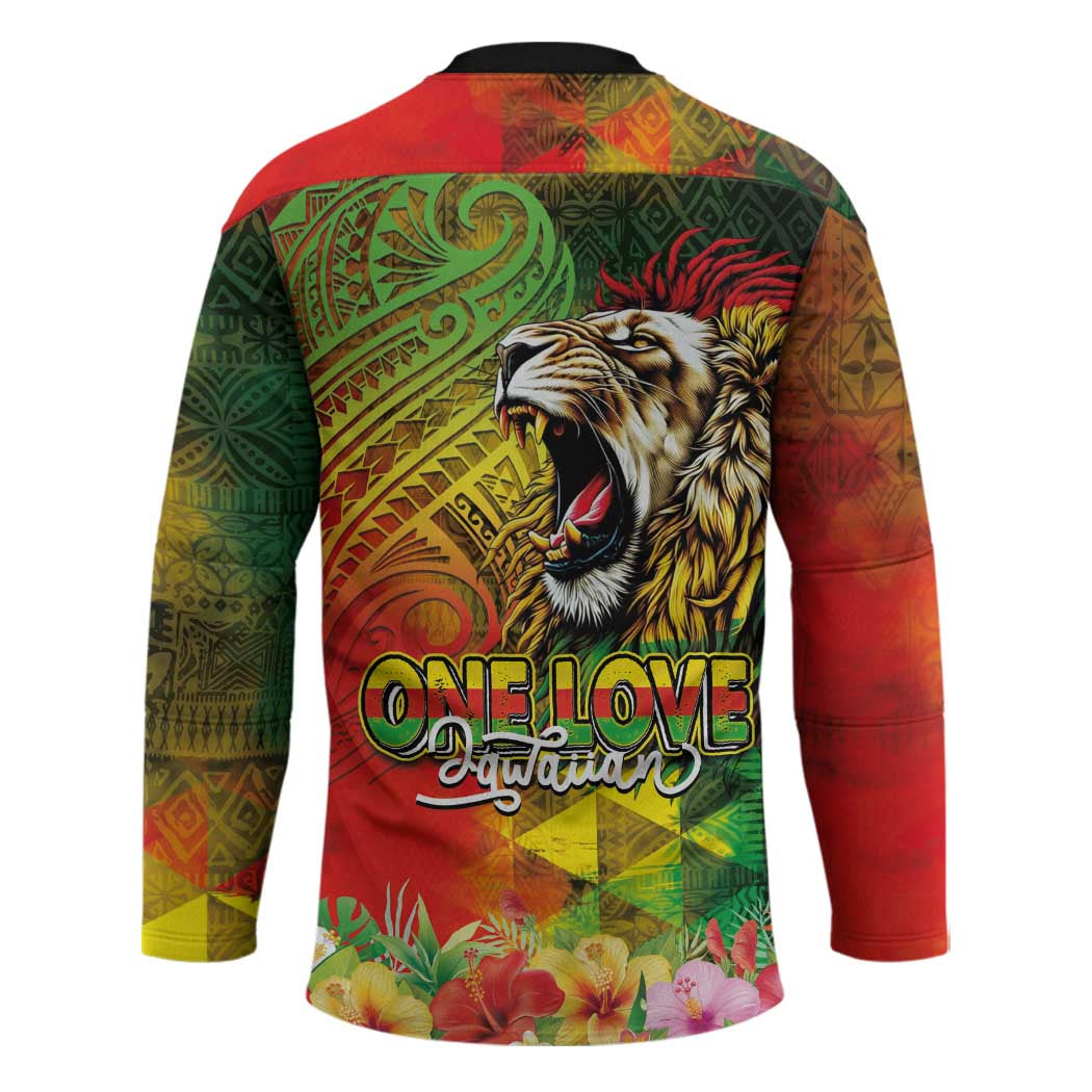 Hawaiian Reggae Hockey Jersey Jawaiian One Love-Tribal Tatoos and Rastafari Lion - Polynesian Pride