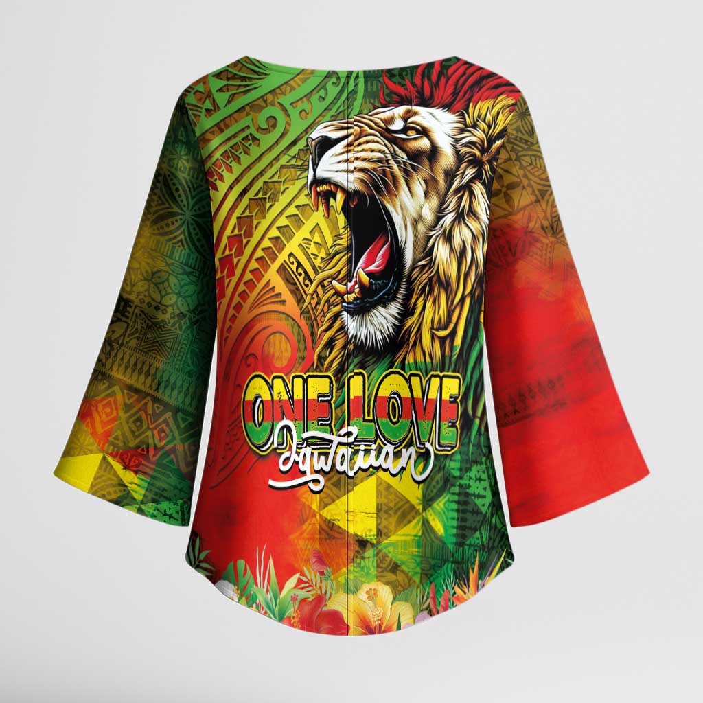 Hawaiian Reggae Kimono Sleeve Blouse Jawaiian One Love-Tribal Tatoos and Rastafari Lion - Polynesian Pride