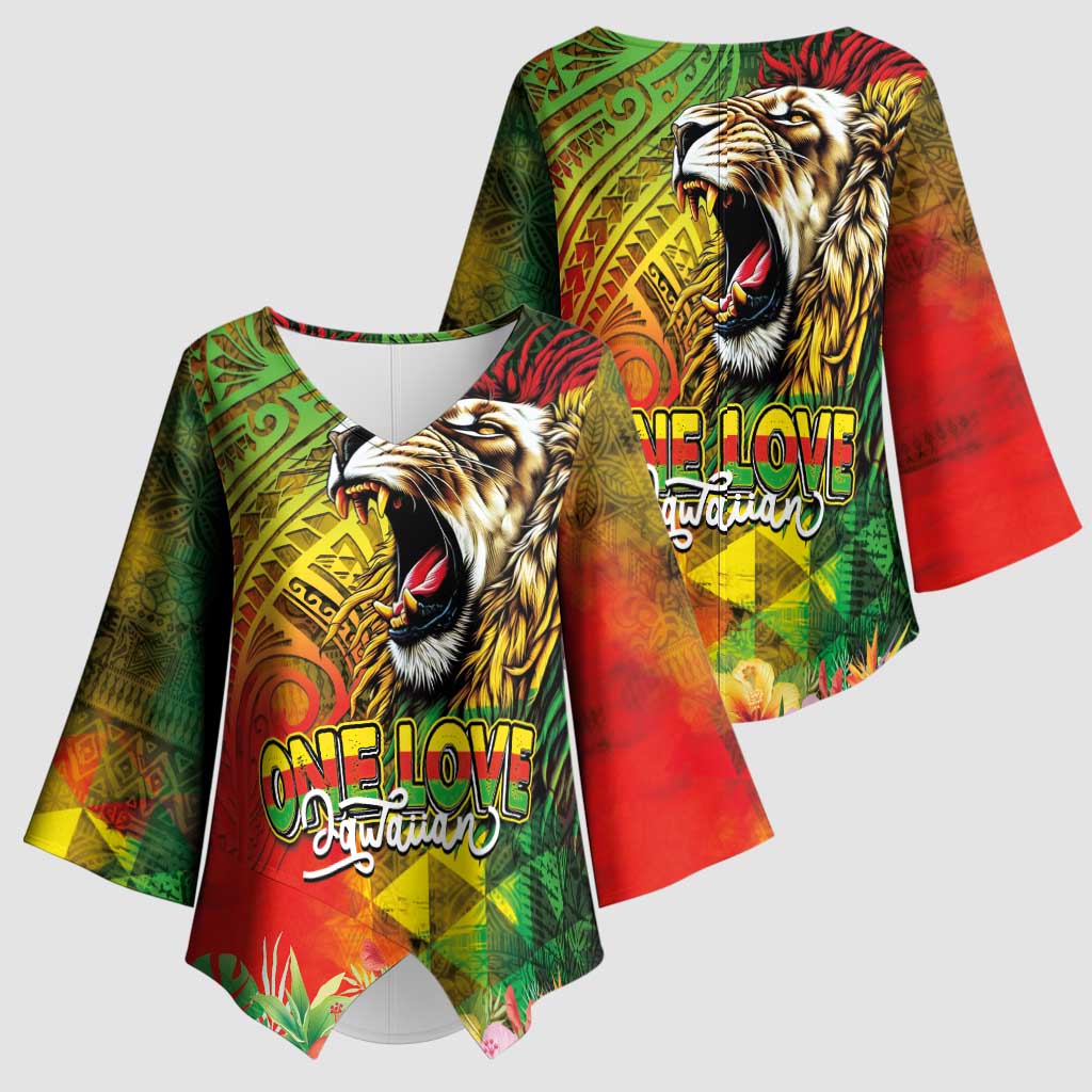 Hawaiian Reggae Kimono Sleeve Blouse Jawaiian One Love-Tribal Tatoos and Rastafari Lion - Polynesian Pride
