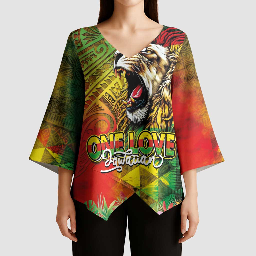 Hawaiian Reggae Kimono Sleeve Blouse Jawaiian One Love-Tribal Tatoos and Rastafari Lion - Polynesian Pride