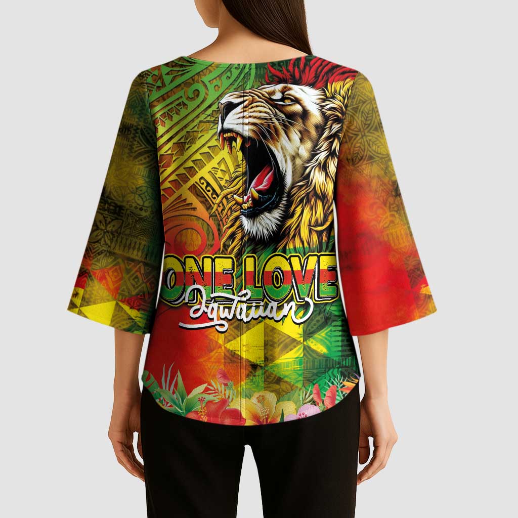 Hawaiian Reggae Kimono Sleeve Blouse Jawaiian One Love-Tribal Tatoos and Rastafari Lion - Polynesian Pride