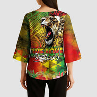 Hawaiian Reggae Kimono Sleeve Blouse Jawaiian One Love-Tribal Tatoos and Rastafari Lion - Polynesian Pride