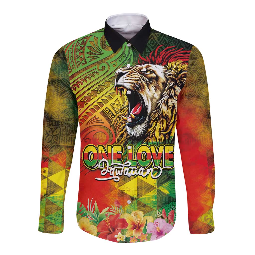 Hawaiian Reggae Long Sleeve Button Shirt Jawaiian One Love-Tribal Tatoos and Rastafari Lion - Polynesian Pride