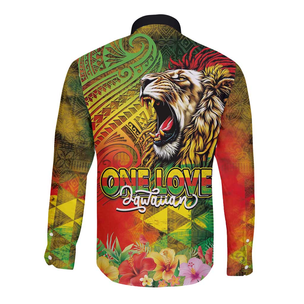 Hawaiian Reggae Long Sleeve Button Shirt Jawaiian One Love-Tribal Tatoos and Rastafari Lion - Polynesian Pride