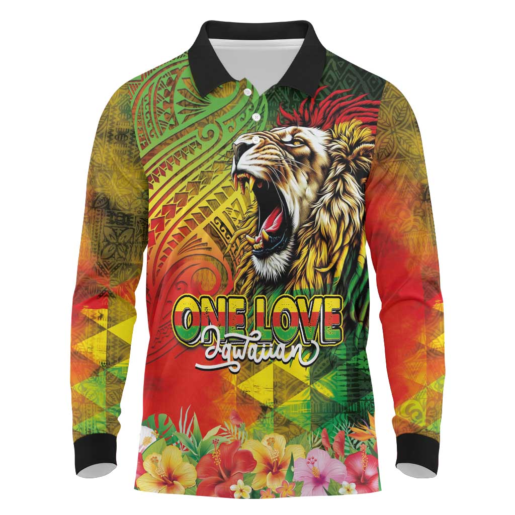 Hawaiian Reggae Long Sleeve Polo Shirt Jawaiian One Love-Tribal Tatoos and Rastafari Lion - Polynesian Pride