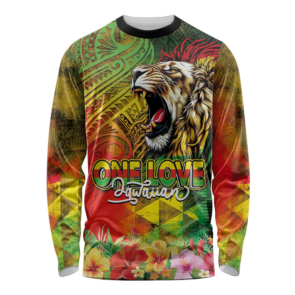 Hawaiian Reggae Long Sleeve Shirt Jawaiian One Love-Tribal Tatoos and Rastafari Lion - Polynesian Pride
