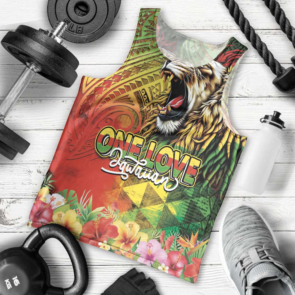 Hawaiian Reggae Men Tank Top Jawaiian One Love-Tribal Tatoos and Rastafari Lion - Polynesian Pride