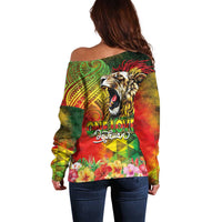 Hawaiian Reggae Off Shoulder Sweater Jawaiian One Love-Tribal Tatoos and Rastafari Lion - Polynesian Pride