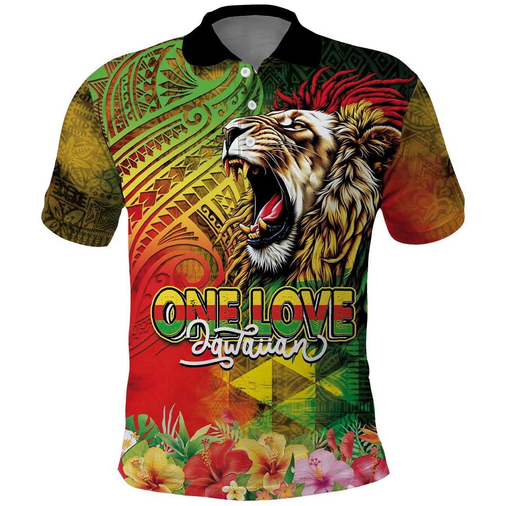 Hawaiian Reggae Polo Shirt Jawaiian One Love-Tribal Tatoos and Rastafari Lion - Polynesian Pride