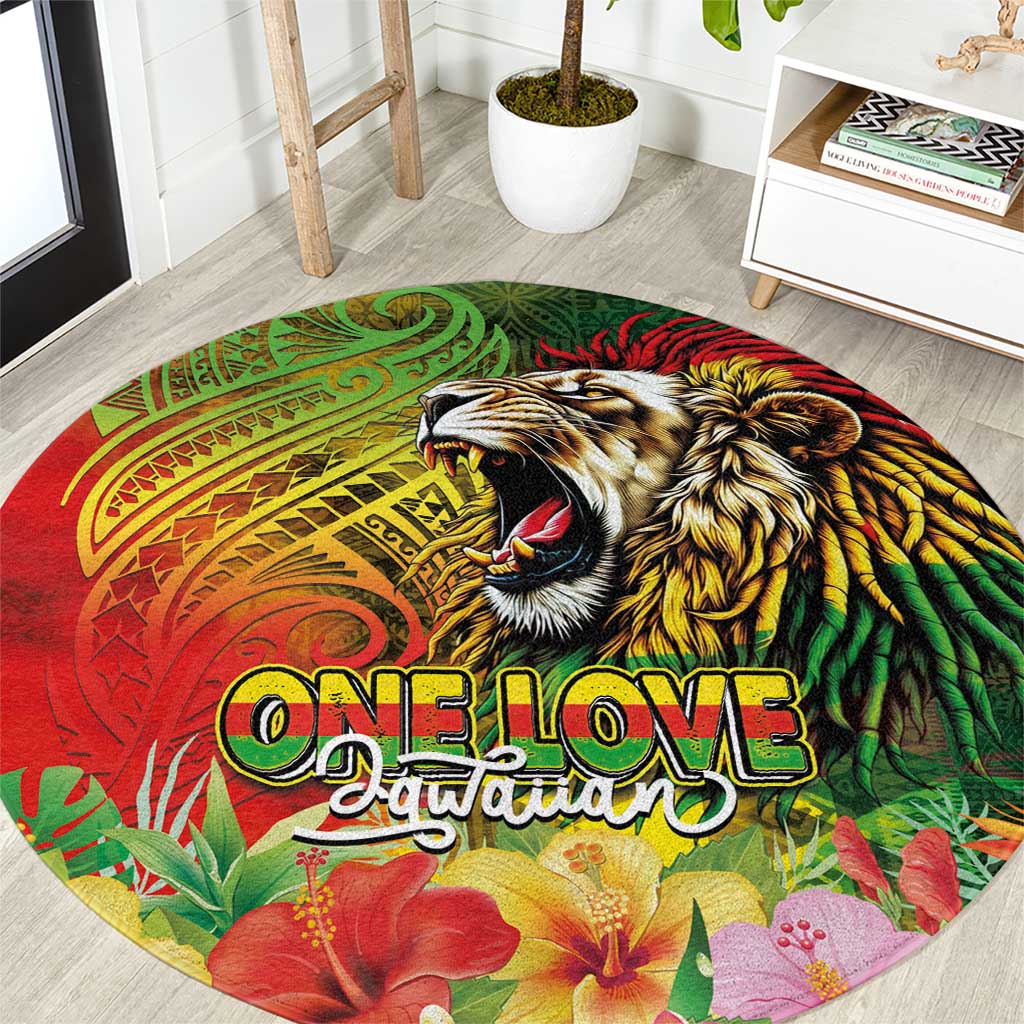 Hawaiian Reggae Round Carpet Jawaiian One Love-Tribal Tatoos and Rastafari Lion - Polynesian Pride