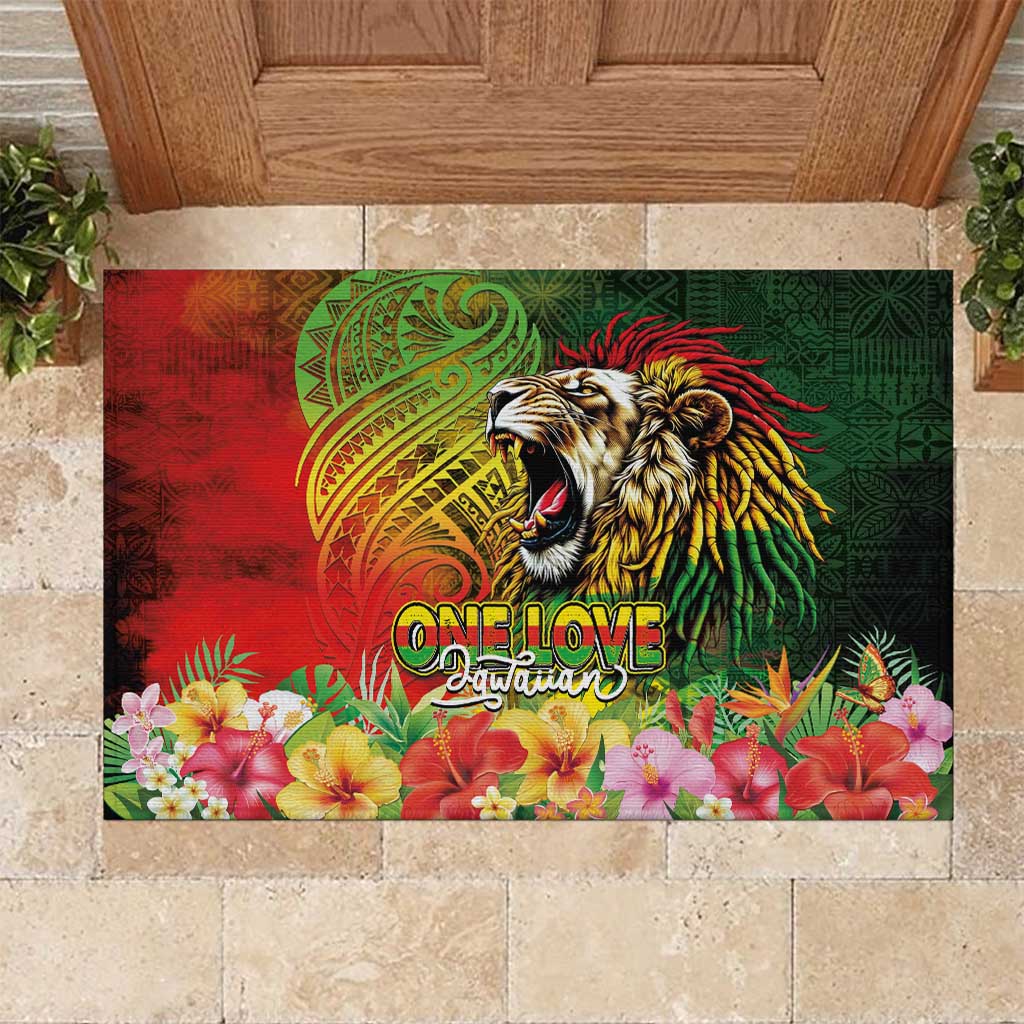 Hawaiian Reggae Rubber Doormat Jawaiian One Love-Tribal Tatoos and Rastafari Lion - Polynesian Pride