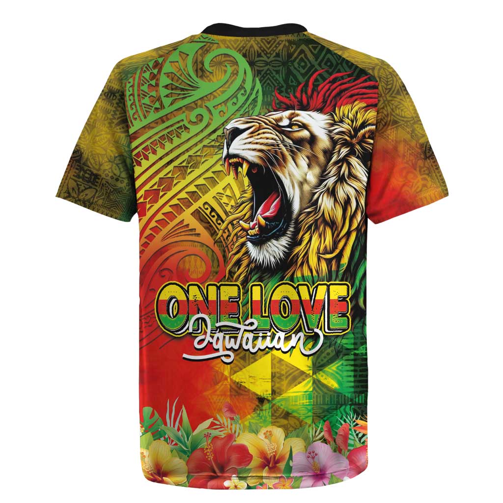 Hawaiian Reggae Rugby Jersey Jawaiian One Love-Tribal Tatoos and Rastafari Lion - Polynesian Pride
