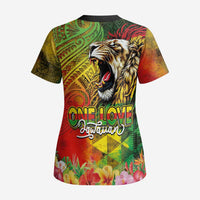 Hawaiian Reggae Scrub Top Jawaiian One Love-Tribal Tatoos and Rastafari Lion - Polynesian Pride