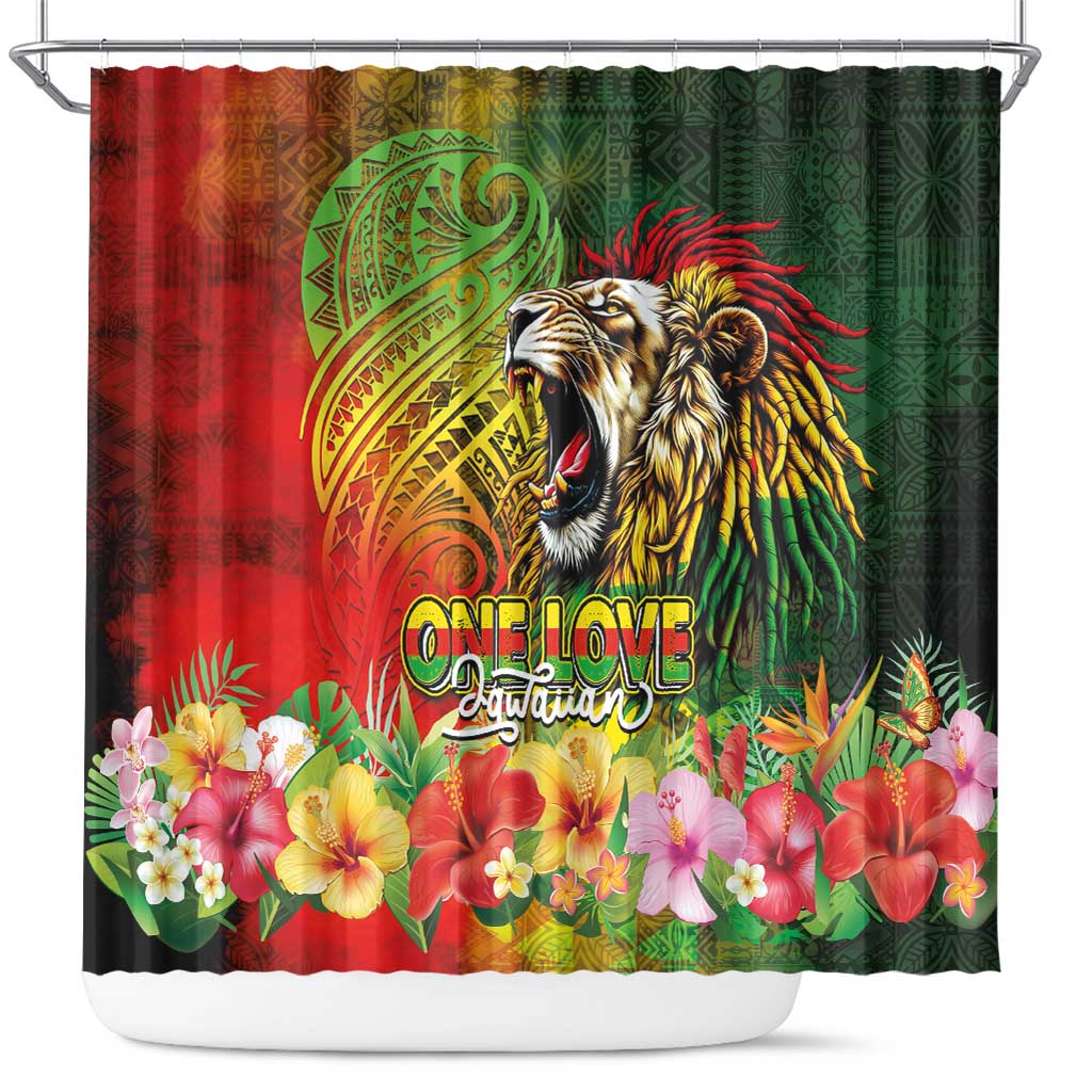 Hawaiian Reggae Shower Curtain Jawaiian One Love-Tribal Tatoos and Rastafari Lion - Polynesian Pride