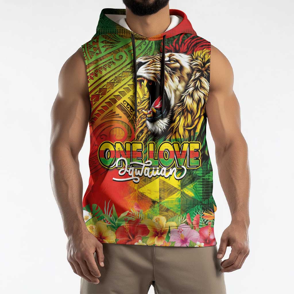 Hawaiian Reggae Sleeveless Hoodie Jawaiian One Love-Tribal Tatoos and Rastafari Lion - Polynesian Pride
