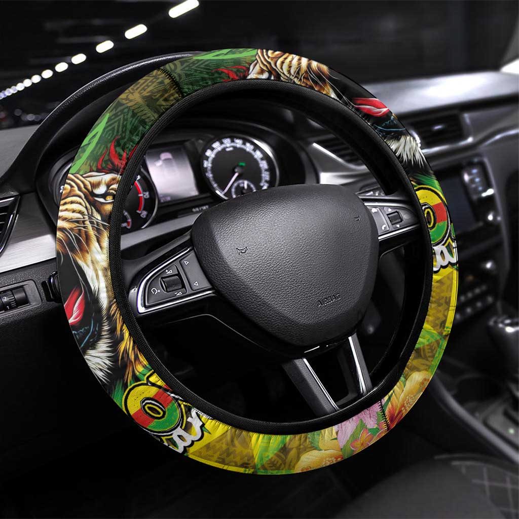 Hawaiian Reggae Steering Wheel Cover Jawaiian One Love-Tribal Tatoos and Rastafari Lion - Polynesian Pride