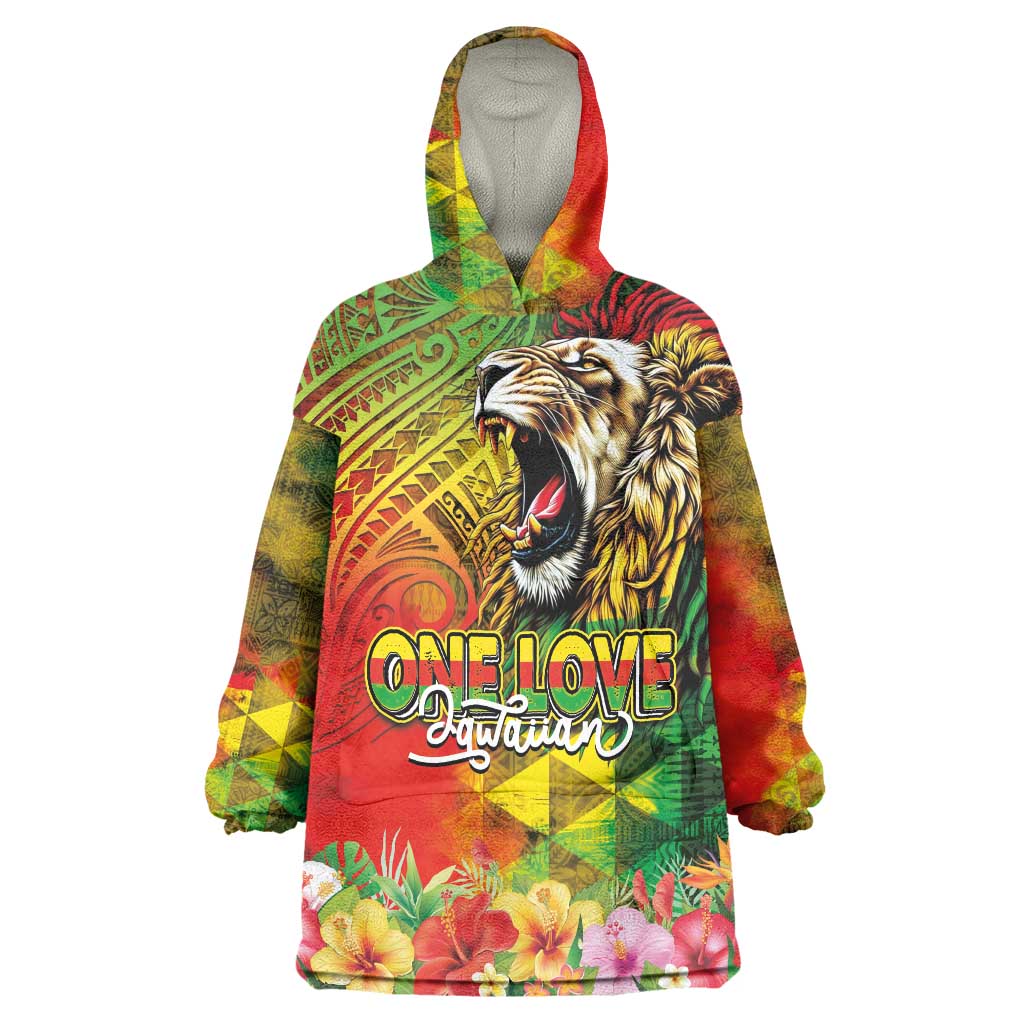 Hawaiian Reggae Wearable Blanket Hoodie Jawaiian One Love-Tribal Tatoos and Rastafari Lion - Polynesian Pride