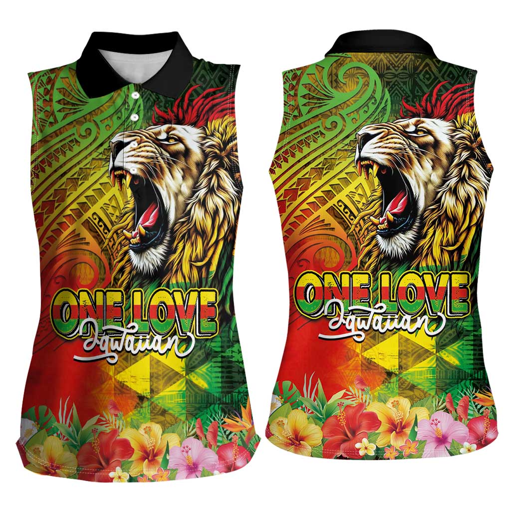 Hawaiian Reggae Women Sleeveless Polo Shirt Jawaiian One Love-Tribal Tatoos and Rastafari Lion - Polynesian Pride