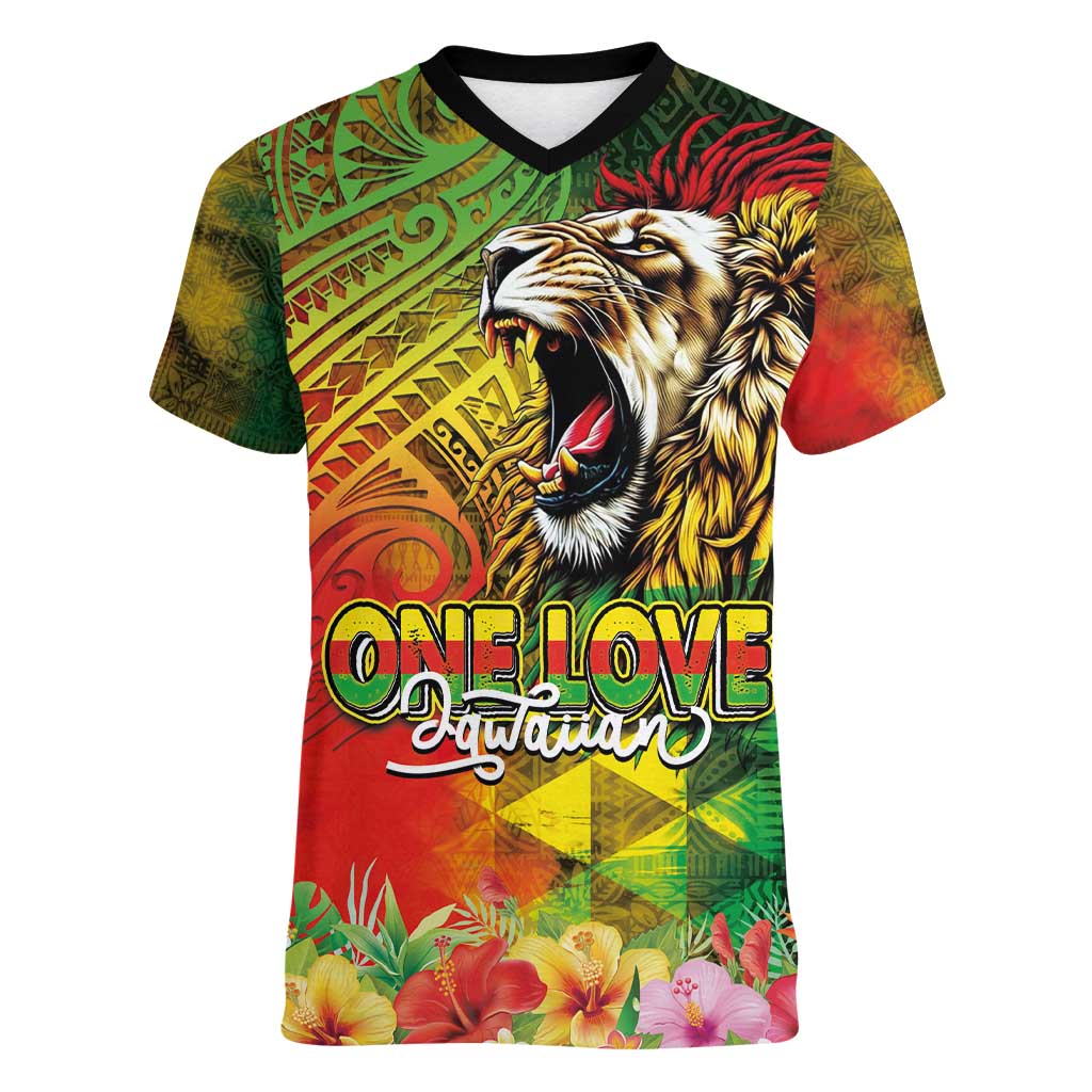 Hawaiian Reggae Women V-Neck T-Shirt Jawaiian One Love-Tribal Tatoos and Rastafari Lion - Polynesian Pride