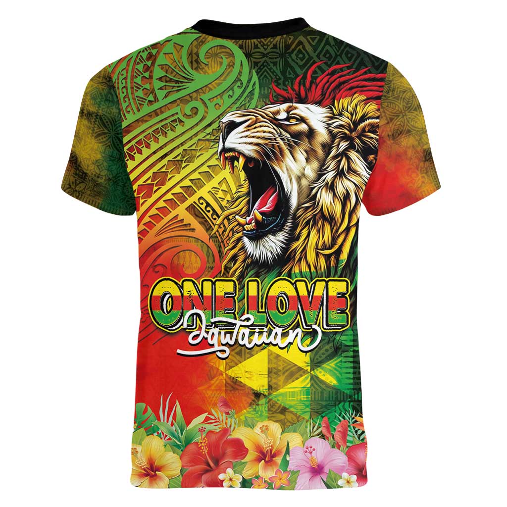 Hawaiian Reggae Women V-Neck T-Shirt Jawaiian One Love-Tribal Tatoos and Rastafari Lion - Polynesian Pride