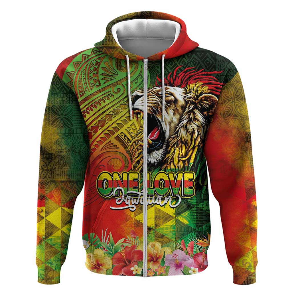 Hawaiian Reggae Zip Hoodie Jawaiian One Love-Tribal Tatoos and Rastafari Lion - Polynesian Pride